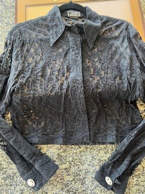Vintage Gianni Versace Black Sheer Cropped Lace Button-Down Shirt
